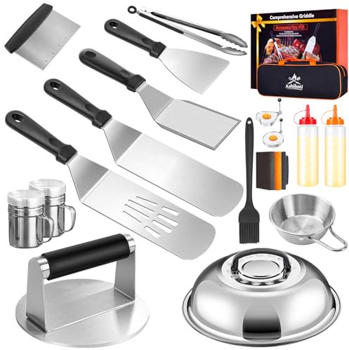 Griddle Accessories BBQ Grill Set - 22pcs Stainless Steel Barbecue Tools Kit for Blackstone with Thermometer Spatula Basting Cover Grill Mats Carry Bag for Camping,Flat Top Camp Chef Utensil