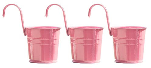 Macetas de metal coloridas para exteriores, macetas para colgar en la pared, macetas con asa, hierro, balcón, patio, cubo, jarrón, jardín, valla (3 unidades, rosa)