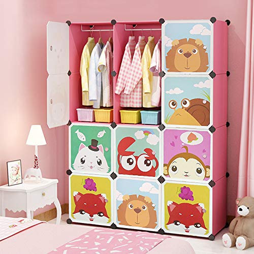 BUTUN Kleiderschränke, Kinderschrank, Cartoon Plastikgarderobe, Würfel-Schrank Kunststoffschrank, Schlafzimmerschrank, DIY Modular Schrank für Platzsparende (111 * 37 * 147cm/Rosa)