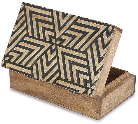 Ajuny Handgeschnitzte dekorative Schmuckaufbewahrungsbox aus Holz, Aufbewahrungsorganisator, schwarzes Liniendesign, Mehrzweck-Schatztruhe, ideal für Geschenke – Schwarzbraun, 20,3 x 12,7 cm