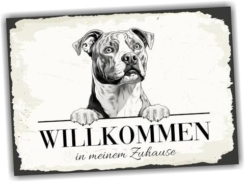 siviwonder Hundeschild Willkommen Zuhause Staffordshire Terrier No.2 Dog Schild Spruch Türschild Warnschild Geschenkidee schöner Spruch Hundemotiv Aluminium Wetterfestes Hundeschild