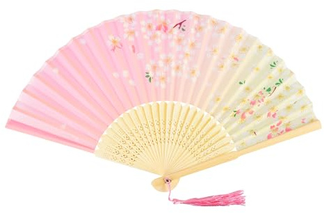 KEYIDO Rosa Fächer Holz Handfächer Seide Stoff Hand Fan Chinesische Japanische Faltfächer mit Quaste Fächer Damen Klein für Hochzeit Gäste Kinder Mädchen Sommer