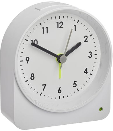 TFA Dostmann Analoger Wecker, 60.1041.02, ohne Ticken mit Sweep-Uhrwerk, mit Hintergrundbeleuchtung/Lichtsensor, Reisewecker und Tischuhr, mit Sekundenzeiger, Quarzuhr, 10cm x 9,1 cm, weiß