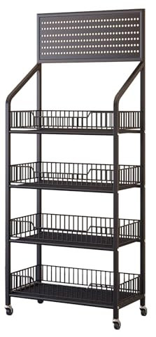 EXCLURA Snack Regal Metall-Snackwagen für Theke 4-stufig, Supermarkt-Snackständer mit Rädern und DIY-Haken, Raumorganisator für Süßigkeiten/Würzen (Color : Black, Size : W-50cm(19.7 in))