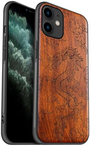 Carveit Coque en Bois pour iPhone 11 Étui Protection Artistique Cover TPU Souple de téléphone Antichoc Compatible avec Apple 11 Etui (Rosé-L'ascension du Dragon)