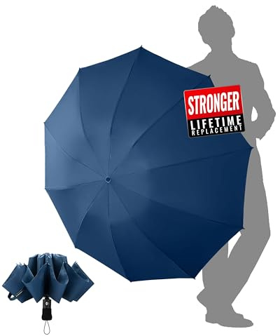 Chakipee Travel Windproof Strong Compact Umbrella - 10 Ribs Blue Portable Umbrella for Men and Women - Inverted Folding Automatic Umbrellas for Wind and Rain, 210T Fabric 105cm Span
