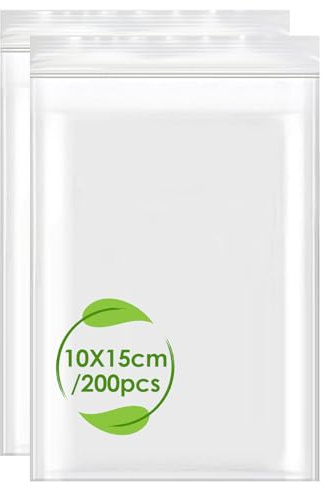 200 Resealable Plastic Bags, 10x15 cm Clear Plastic Grip Seal Transparent Small Self Sealed Ziplock Poly Storage Bags for Food, Seeds, Cookies, Candies, Jewellery beads 3.9x5.9