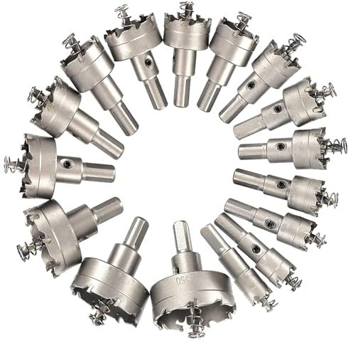 Yuentoen 16 Stück Lochsäge Hartmetall-Bohrer,15-50mm Metall Lochkreissäge-Set, TCT Lochschneider, titanbeschichteter Zentrierbohrer aus Hartmetall, für Edelstahl, Eisen, Holz, Kunststoff ﻿