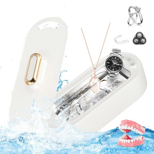Limpiador Ultrasónico 400ml, Máquina Limpiadora Ultrasónica Portátil 45KHz, con 2 Modos de Limpieza, Limpiador Ultrasónico de Gafas de Acero Inoxidable, para Gafas, Joyas, Anillos, Relojes(Blanco)