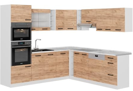 Vicco Eckküche R-Line, Küchenzeile in L-Form, Goldkraft Eiche/Weiß, 237 x 247 cm AP Anthrazit