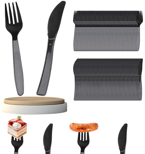 100 Stück Plastikbesteck, Plastik Besteck, Plastikbesteck Schwarz, Wiederverwendbar Set für Pizza, Dessert, 50 Plastikmesser & 50 Gabeln Plastikbesteck für Familienfeiern Outdoor Dinner, schwarz