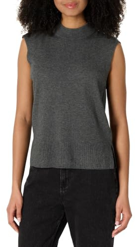 Amazon Essentials Women's Regular-Fit Cap Sleeve Mock Neck Sweater Top, Charcoal Heather, Small