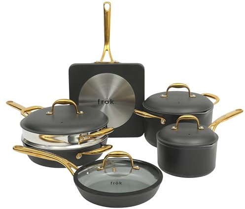 Frok - Juego de 10 ollas y sartenes de aluminio de 4 mm de grosor de calor rápido con interior antiadherente de cerámica sin PFA, exterior resistente al calor, inducción, negro y dorado