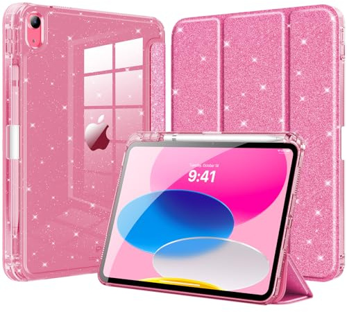 MoKo Brillant Coque pour iPad (A16) 11ème/10ème Gén, Rose Vif Pailleté | Coque Intelligente Transparent Brillant Support pour Stylet Légère Housse Arrière en TPU avec Auto Réveil/Sommeil