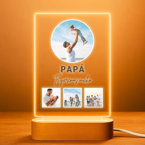 Cristal Plaque - Lámpara Personalizada PAPÁ con Foto Circular y 4 Imágenes | Lámpara LED para Fotos con Base de Madera | Regalo Personalizado Cumpleaños y Día del Padre | Placa Metacrilato Decorativa