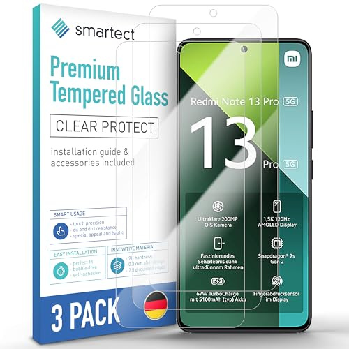 smartect Vetro Temperato 3 Pezzi per Xiaomi Redmi Note 13 Pro 5G | Schermo Protettivo HD Anti Graffio, Pellicola Protettiva Senza Bolle, 0.3 mm Ultra Trasparente, Durezza 9H, Ultra Resistente