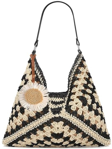 CorkAllin Sommer Strohtasche Korbtaschen, Hobo Strand Umhängetasche für Damen, Vintage Leichte Faltbare Geflochtene Tragetasche für Reisen, Arbeit mit reißverschluss (Black)