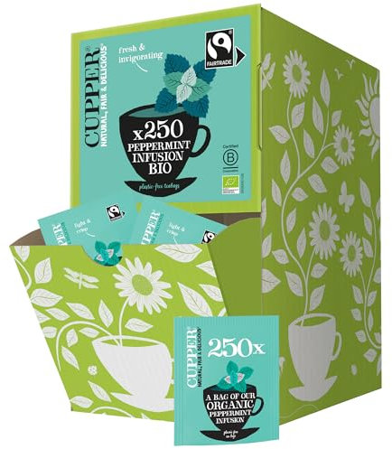 CUPPER Infuso alla Menta Piperita Bio, Tisana Biologica e Fairtrade, Formato Convenienza per Casa, Ufficio e Catering, con Filtri 100% Biodegradabili e Non Sbiancati, Confezione Maxi da 250 Bustine