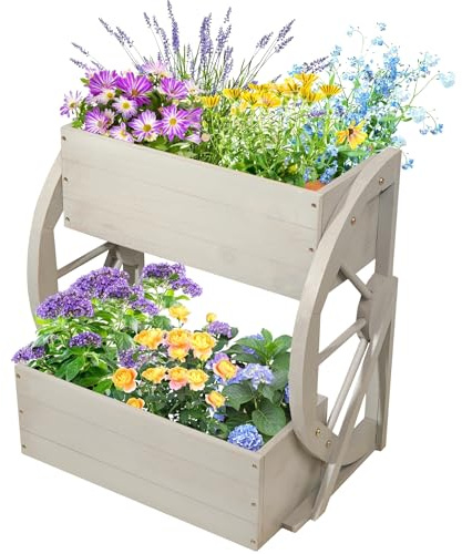 ZSYWODFO Maceta de madera de doble nivel, carrito de madera de 2 niveles, maceta de madera para jardín, decoración de carro de jardín con ruedas (15.7 x 14.2 x 22.1 pulgadas), carrito de flores para