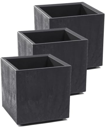 Kreher Set: 3 x XL Pflanzkasten Karo – 13 Liter, edles Anthrazit, Moderne Beton-Optik in Grau oder Anthrazit, aus robustem, recyceltem Kunststoff