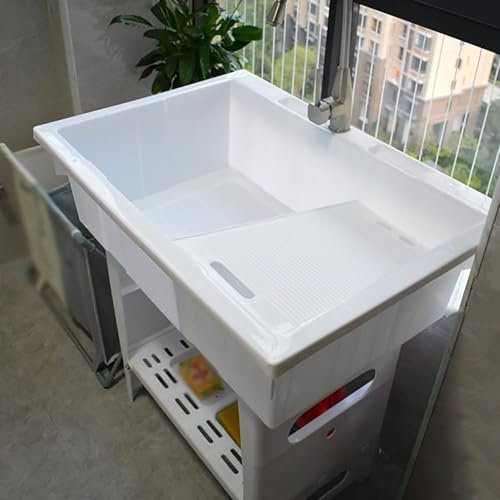 Fregadero para la ropa independiente de plástico con tabla para lavado, lavabo de exterior autoportante con estante de almacenamiento, para lavandería, restaurante, camping, jardín, garaje (blanco, 31