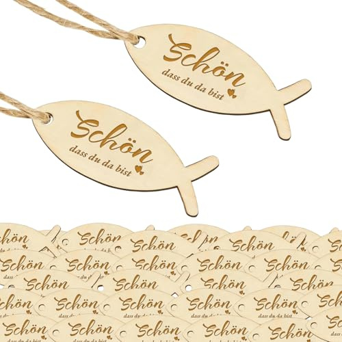 40 Stücke Holz Geschenkanhänger, Schön DASS Du Da Bist – Fischform Holzscheiben Holzdeko, Gastgeschenke, Hochzeitsdeko, Geburtstagsgeschenke, Streudeko für Kommunion, Konfirmation & Taufe