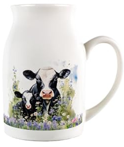 Friesian Cow & Calf Milk Jug - Small Porcelain Creamer Jug Pitcher with Handle, 450ml, White