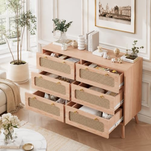 Kommode mit 6 Schubladen aus Rattan, Möbel für Schlafzimmer, Schrank, Schubladen, Aufbewahrungsschrank aus Holz mit Griffen, Nachttisch für Flur, Wohnzimmer, Schlafzimmer (6 Schubladen, Holzfarbe)