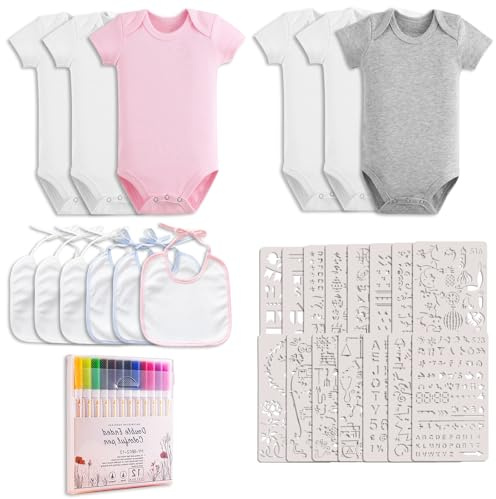LIBAXIN 12 Stück Baby Lätzchen zum Bemalen 6 Kurzarmbody aus Baumwolle Doppelseitig 15 Malen Schablonen 12 waschbaren Farbstiften Bodys zum Bemalen für Geschenk für Baby shower Party DIY