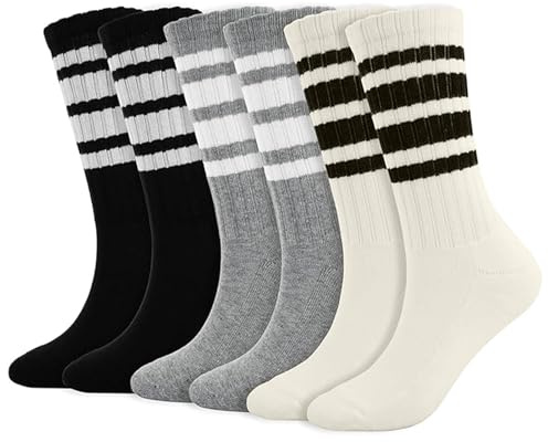 Muorruo 3 par randiga strumpor för kvinnor, retrostrumpor, stretchiga, avslappnade, sportiga bomullsstrumpor, tunna och bekväma unisex-strumpor, ventilerande strumpor