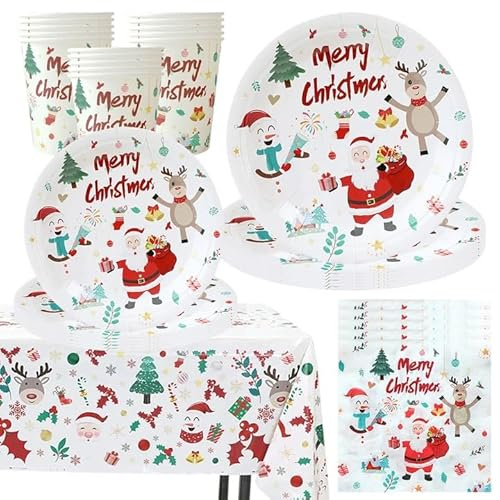 Christmas Party Tableware,Christmas Tableware Set,Party Festive Plates, Cups, Napkins,Tablecloth (C-51Pcs)