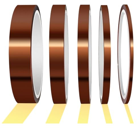 YUVKIN 5 Stücke Kapton Tape, Hitzebeständiges Klebeband für hohe Temperaturen, 3D Drucker Polyimid Elektronik Isolierband bis 180°C (3mm/6mm/9mm/12mm/20mm * 33m)
