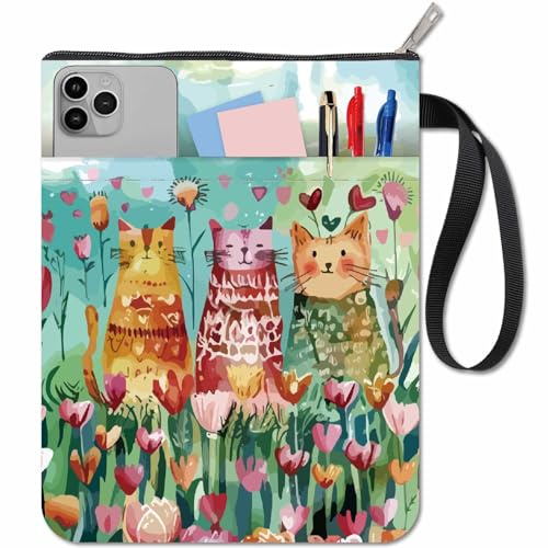 craspire Housse de Livre Motif Chat Protège Livres Motif Fleur Lavable en Tissu avec Fermeture Éclair et Pochette Supplémentaire Idéal pour Les Amoureux des Livres Ou comme Cadeau pour Camarades