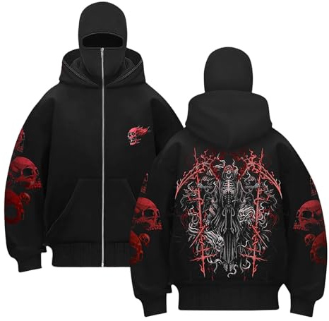 Generisch herrhuvtröja med ansiktsmask stormhuva full dragkedja överdimensionerad Y2K mask jacka vinter sweatshirt och ficka varm övergångsjacka vinterjacka med huva, A9, L