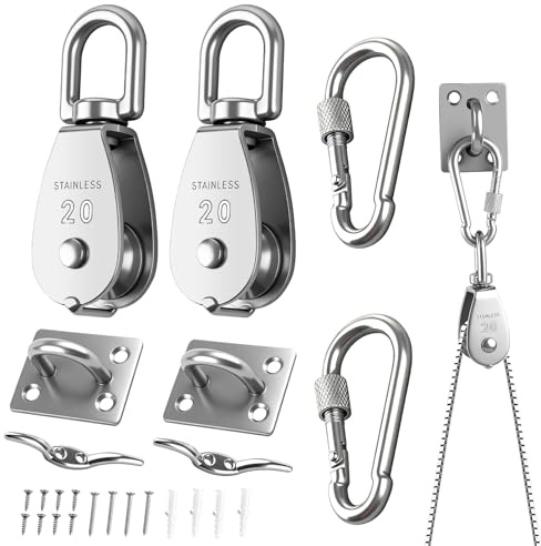 M20 Umlenkrollen 2er Set, 304 Edelstahl Umlenkrolle/Seilrolle für Seile & Stahlseil, Flaschenzug & Seilwinde-kompatibel, inkl. Federhaken, Augenkissenplatte & Schrauben