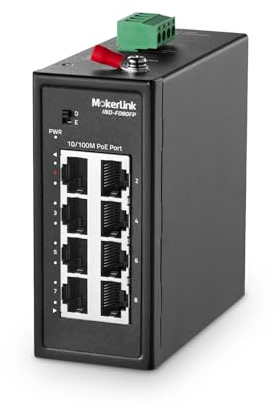 Commutateur Industriel PoE à 8 Ports MokerLink pour Rail DIN, 8 PoE+ IEEE802.3af/at, Fast Ethernet 10/100 Mbps, Extension 250 m, Rail DIN et Support Mural Inclus