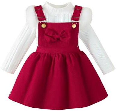 UUAISSO Vêtements pour Bébés Filles Manches Longues Tricot Côtelé Haut Nœud Papillon Velours Côtelé Jupe à Bretelles Tenues Rouge 3-4 Ans