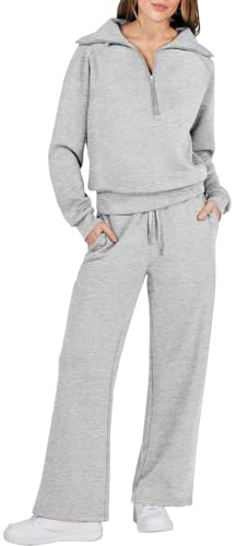 Lounge Wear Sets For Women Uk Tracksuit Full Set 2 Piece Comfort Long Sleeve Activewear Zip Sweatshirt Tops Trousers Drawstring Sweatpants Autumn Winter Clothing Outfits (Grey,XL)