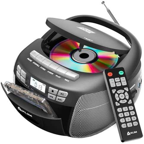 KLIM CD Player & Cassette Tape Player, Bluetooth Boombox, AM/FM Radio, Stereo Sound, Remote, CD and Cassette Combo, Tape Recording, USB Drive, AUX, AC/DC Powered - Silver