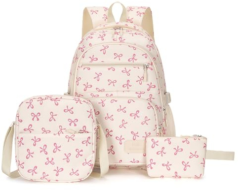 Aucuu Skolryggsäck tonåringar, skolryggsäck set, skolväska ryggsäck set med axelväska och liten plånbok, dagryggsäck ryggsäck för resor, skolstart, #1 rosa rosett-a, 43 x 30 x 15 cm, Modern