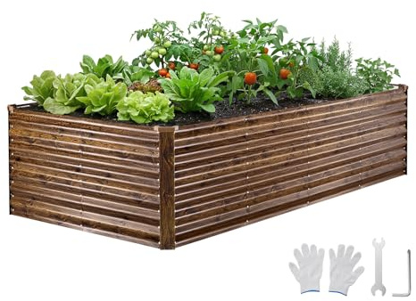 VEVOR Potager Surélevé Métal 240x120x62 cm Carré Potager Surélevé Rectangulaire Lit de Jardin pour Culture Légumes Fleurs, Fond Ouvert, Galvanisé Aluminium-Zinc, avec Gants, Aspect Grain Bois Foncé