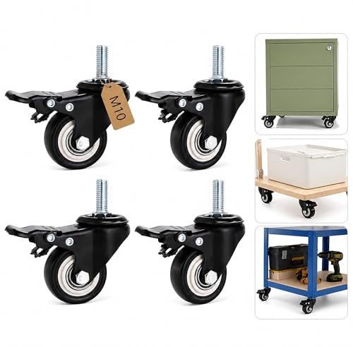 Roulettes Pivotantes avec Frein, Roue Meuble Charge Lourde M10 x 25mm, Lot de 4 Roulette pour Chariot et Établi, Pivotant 360 Degrés, Silencieux Polyuréthane Noir sans Trace de Frottement