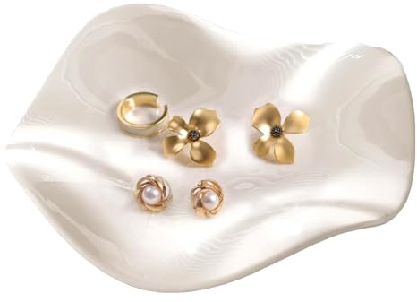 Shibida Cerámica Bandejas Decorativas, Bandeja Joyas de Cerámica Vaciabolsillos Recibidor,Bandeja Decorativa Llaves Centro De Mesa Joyero de cerámica plato para joyas con forma de hoja (blanco)