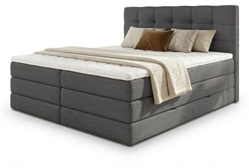 Sofnet Boxspringbett Best XL mit 2 Bettkästen und Topper, mit Taschenfederkern- und Bonellfederkernmatratze, Doppelbett, Polsterbett aus Webstoff mit Stauraum (Graphit (Inari 94), 180 x 200 cm)