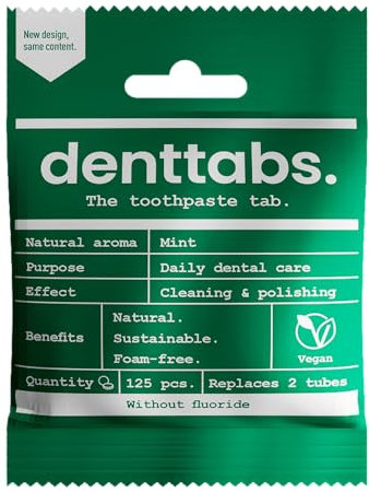 DENTTABS Teeth Cleaning Tablets - Fluoride-Free - Pack of 125 - Toothpaste Alternative - Plaque Removal - Mint Flavour - Vegan Plastic-Free Without Preservatives - Compostable Bag - Clean Effectively