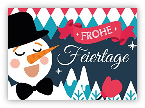 16 Stück: Lustige Retro Weihnachtskarte mit Schneemann und Bergen: Frohe Feiertage • Klappkarten Set mit Umschlag als liebevoller Weihnachts Gruss für Familie und Freunde
