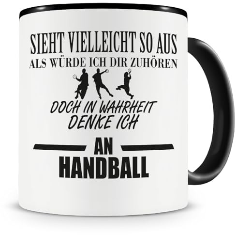 Samunshi® Ich denke an Handball Tasse Kaffeetasse Teetasse Kaffeepott Kaffeebecher Becher 300ml schwarz
