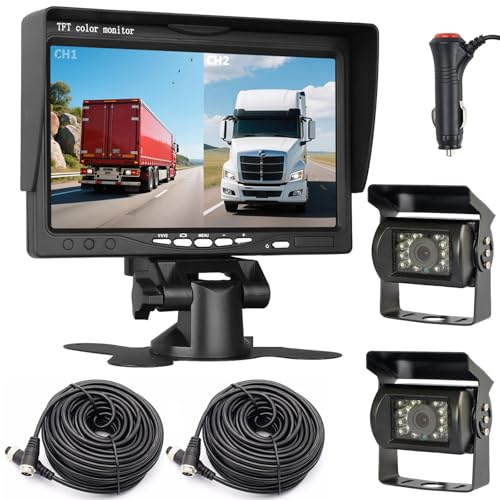 Wohnmobil Anhänger LKW 4-polig Dual Rückfahrkamera 17,8cm AHD Farbmonitor | 12V-24V 1080P 7 Zoll 2-Split Bildschirm Monitor mit Sonnenschutzhalterung,18 LEDs IR Nachtsicht wasserdichte Rückfahrkamera