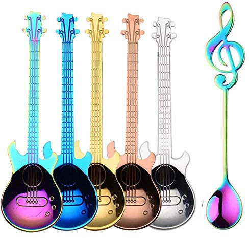 Guitar Spoons Coffee Music Note Teaspoon, ESRISE Musical Coffee Gifts for Men Christmas Birthday Gifts, Stainless Steel Cute Tea Spoons (Multi-6 Music)