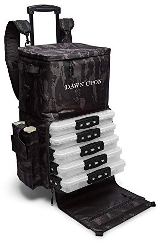 Großer Angelrucksack mit Rollen, 61 x 35,6 x 25,4 cm, kompatibel mit 3700 Tackle Boxen, Angelrutenhalter, verstellbare Riemen, Rollsockel, perfekt zum Angeln, Wandern und Camping – Grau Camo